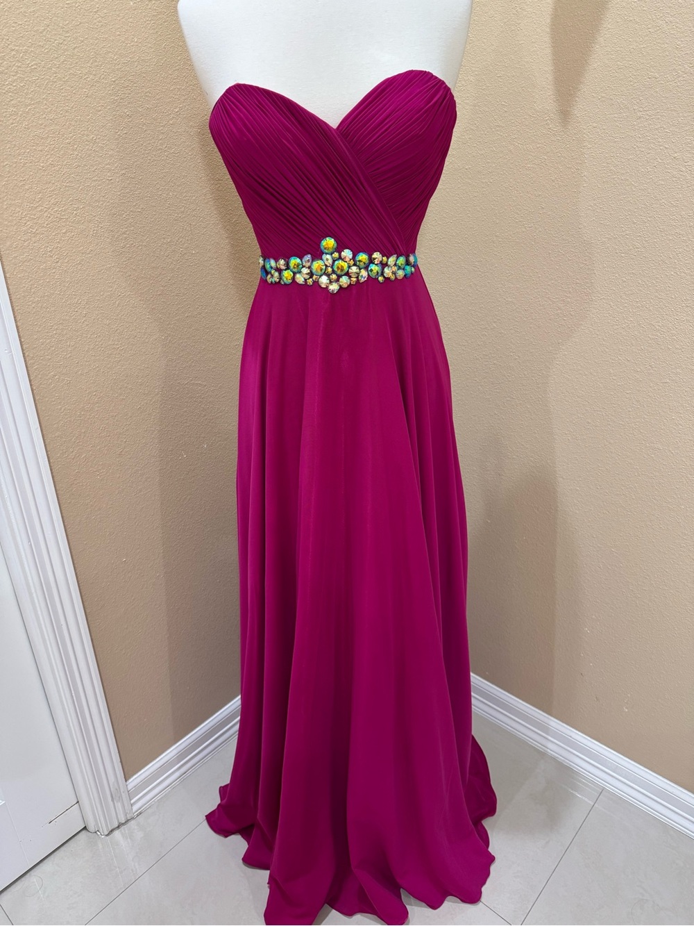Strapless Magenta Evening Gown with Jeweled Waist